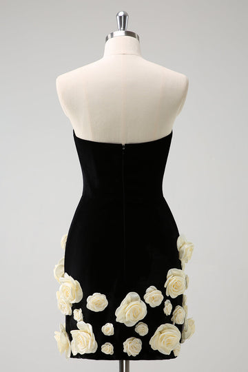Svart Axelbandslös Bodycon Kort Homecoming Klänning med 3D Blommor